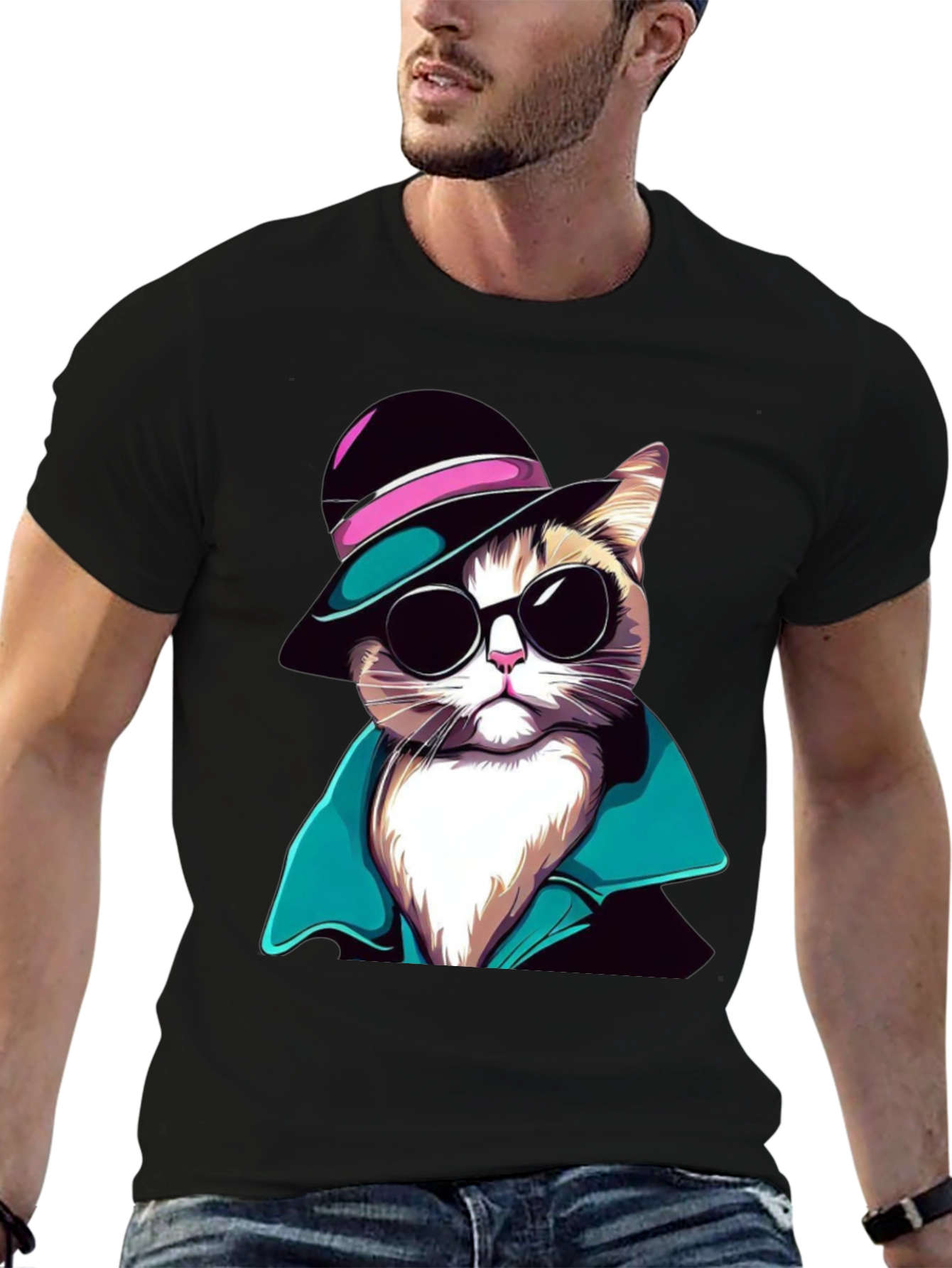Cool Cat T-Shirt: Stylish Feline in Hat & Shades