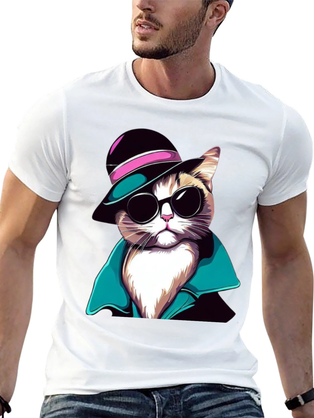 Cool Cat T-Shirt: Stylish Feline in Hat & Shades