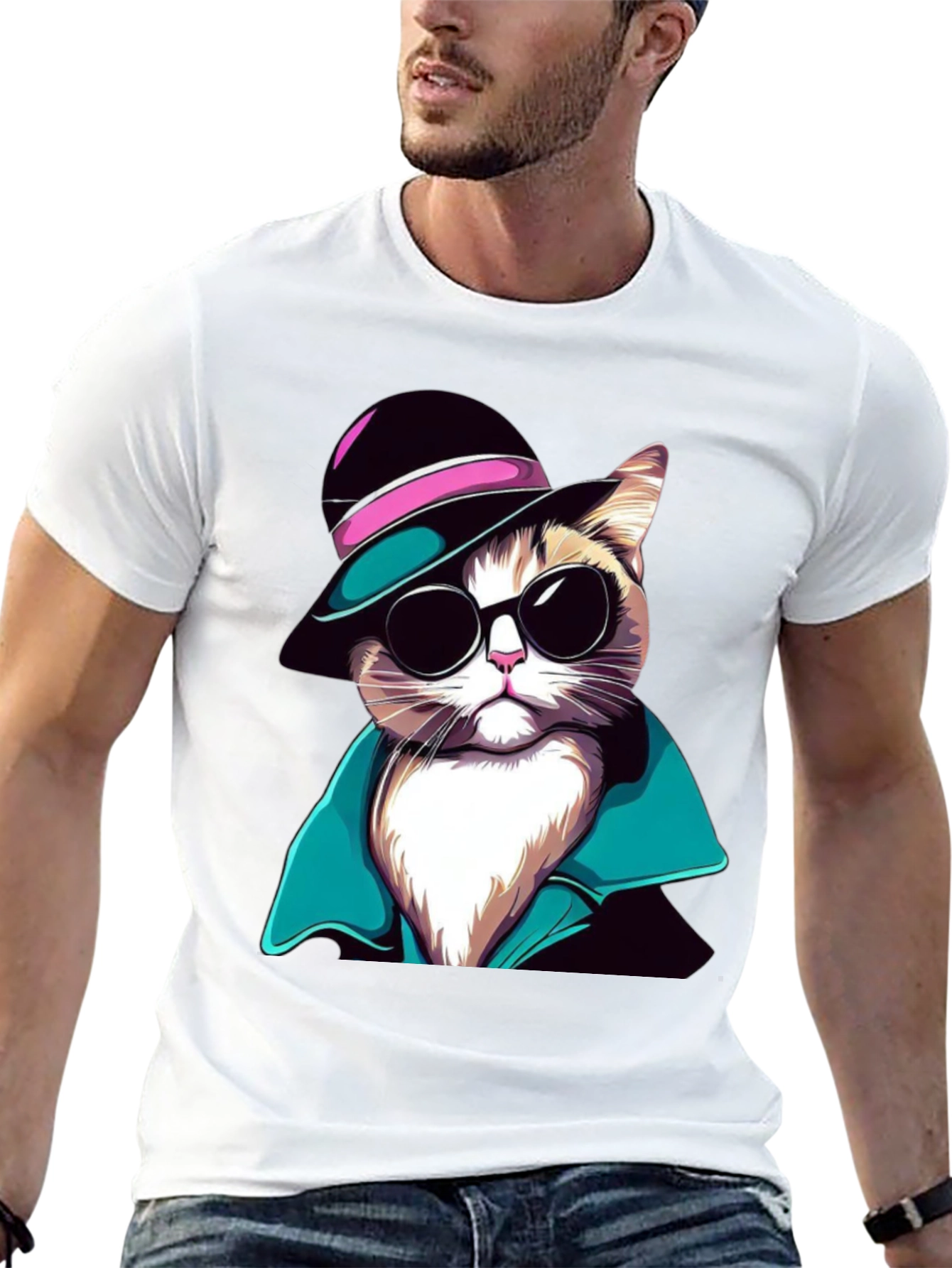 Cool Cat T-Shirt: Stylish Feline in Hat & Shades