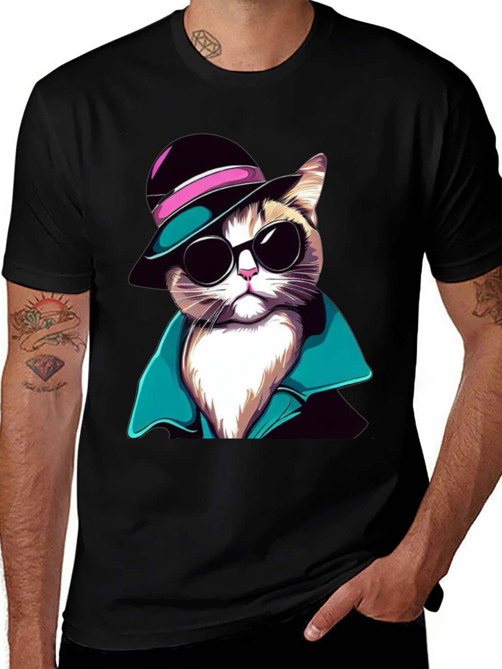 Cool Cat T-Shirt: Stylish Feline in Hat & Shades