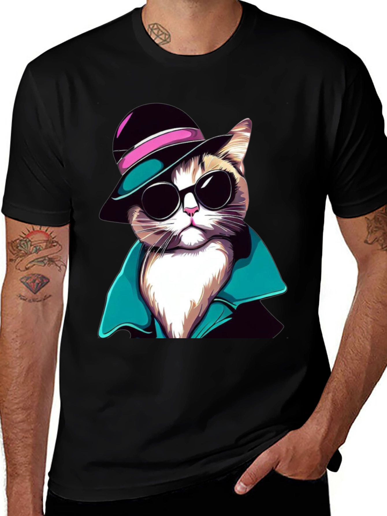 Cool Cat T-Shirt: Stylish Feline in Hat & Shades