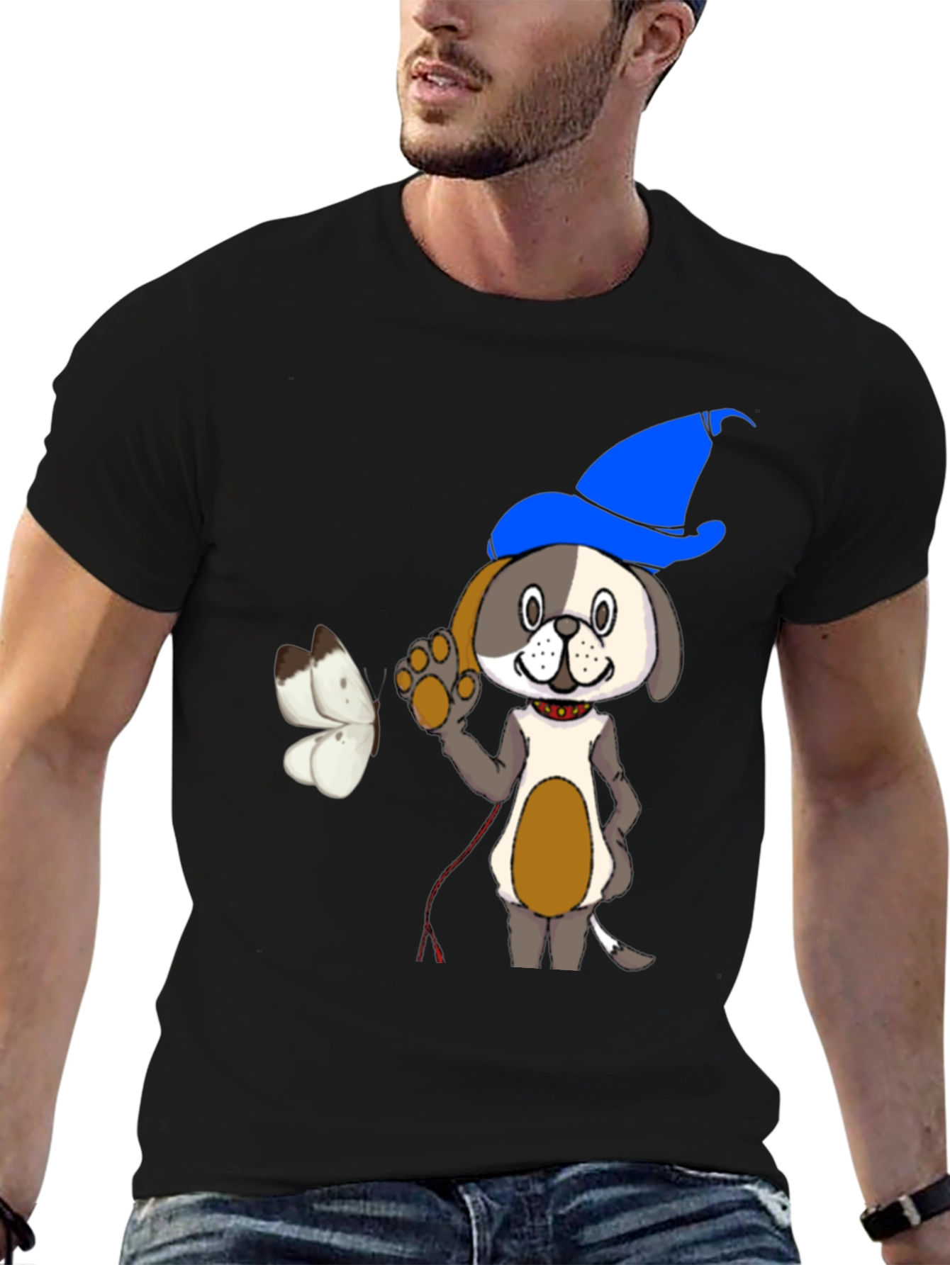 Cartoon Dog Wizard Black T-Shirt