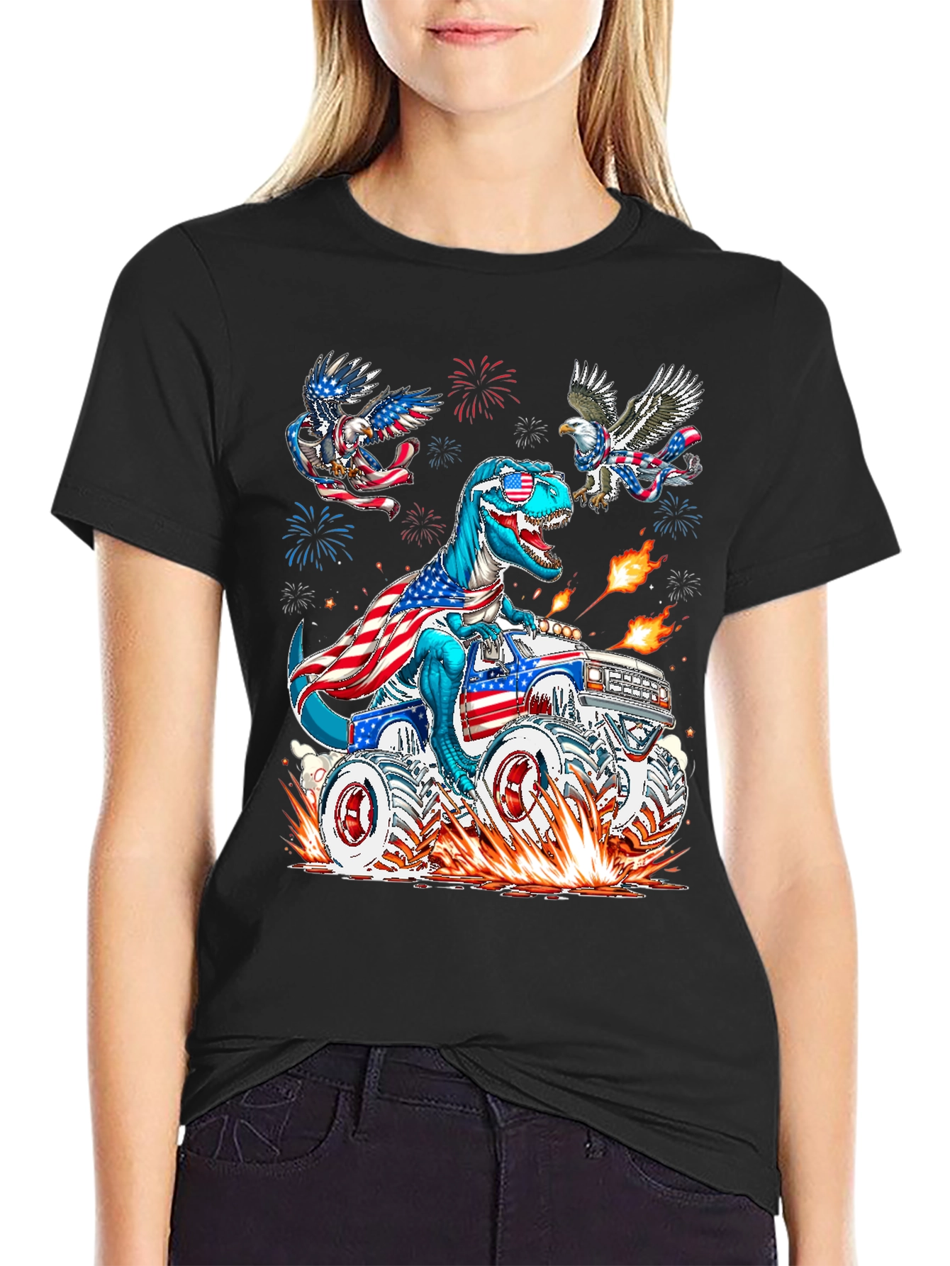 Patriotic T-Rex Monster Truck Graphic Tee