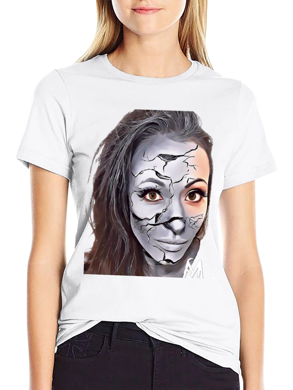 Cracked Face Art Graphic Black T-Shirt