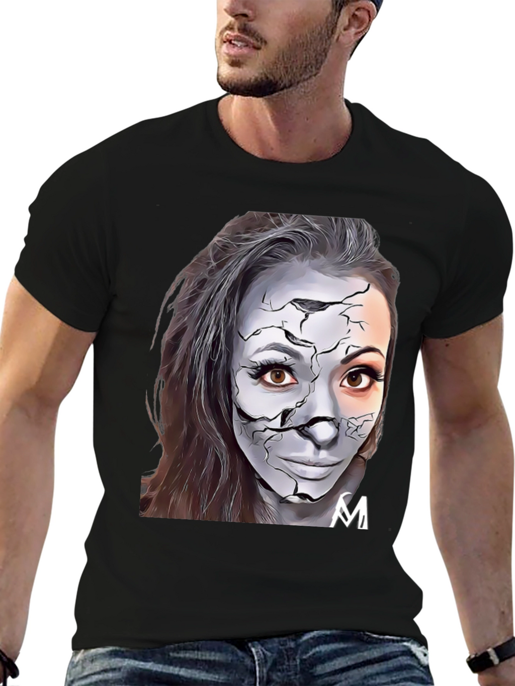 Cracked Face Art Graphic Black T-Shirt