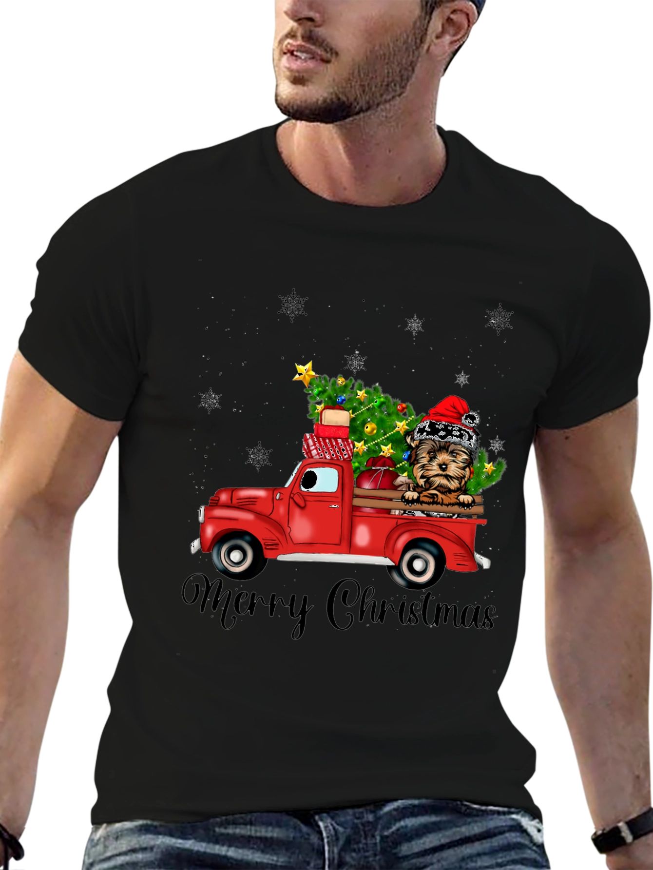 Festive Dog Christmas Truck Graphic Tee