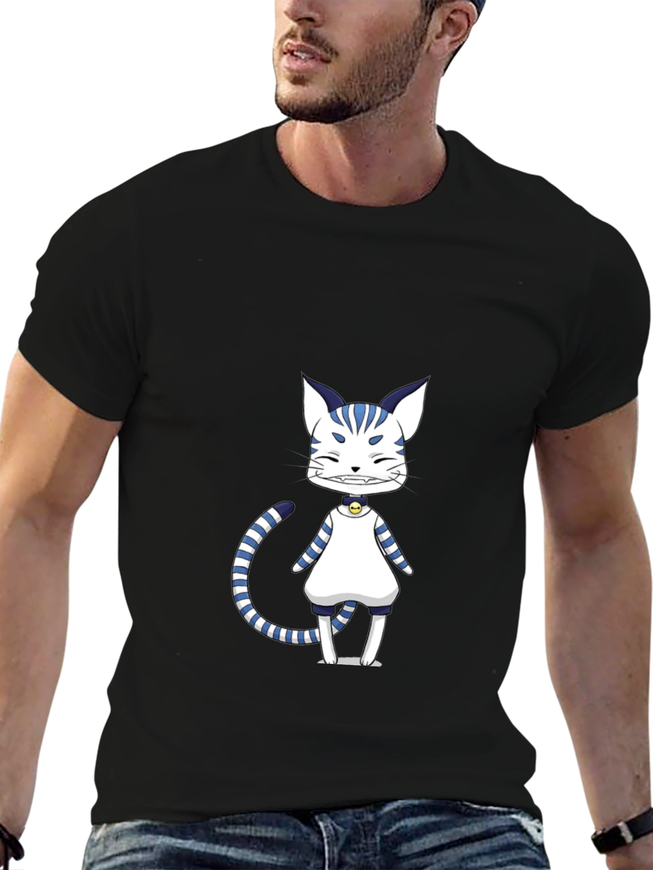 Anime Cat Graphic Black T-Shirt