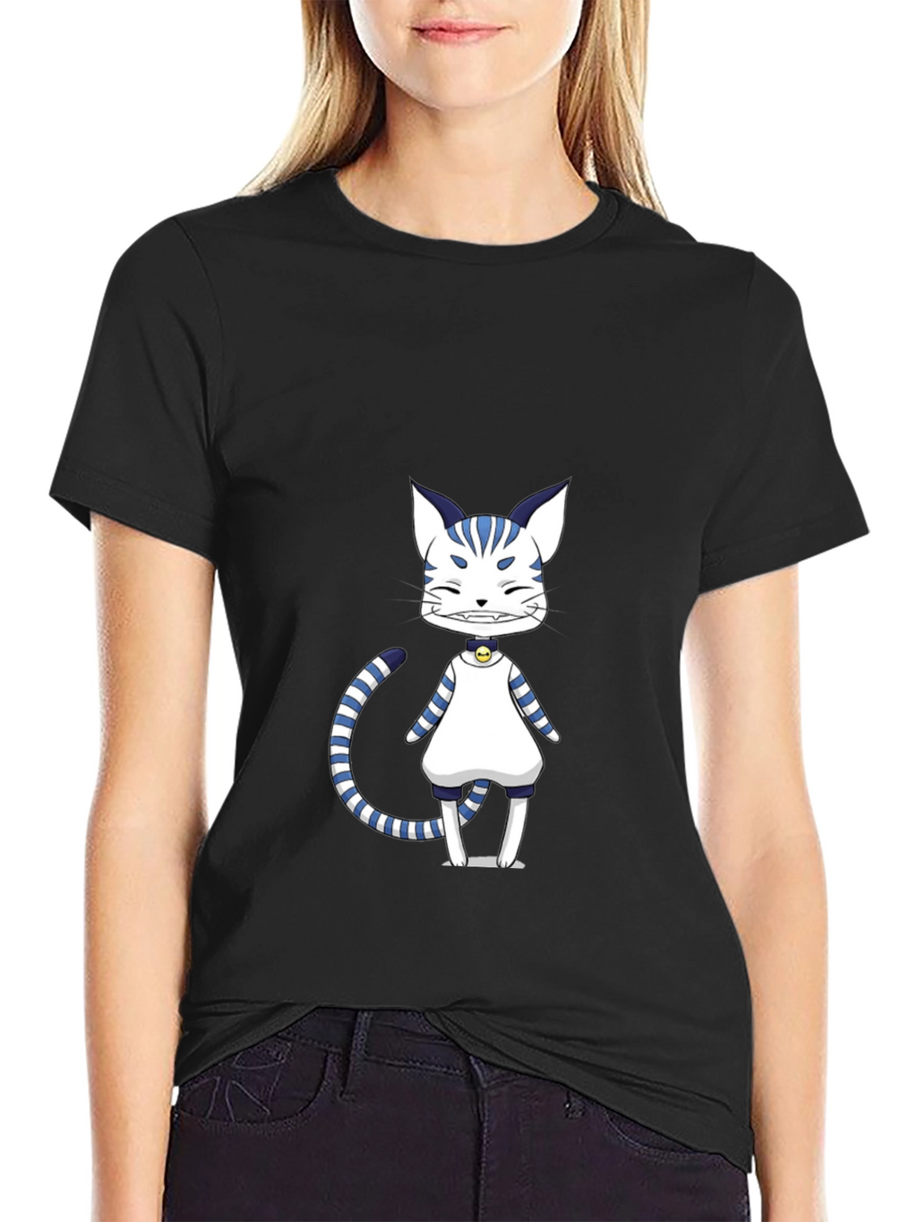 Anime Cat Graphic Black T-Shirt
