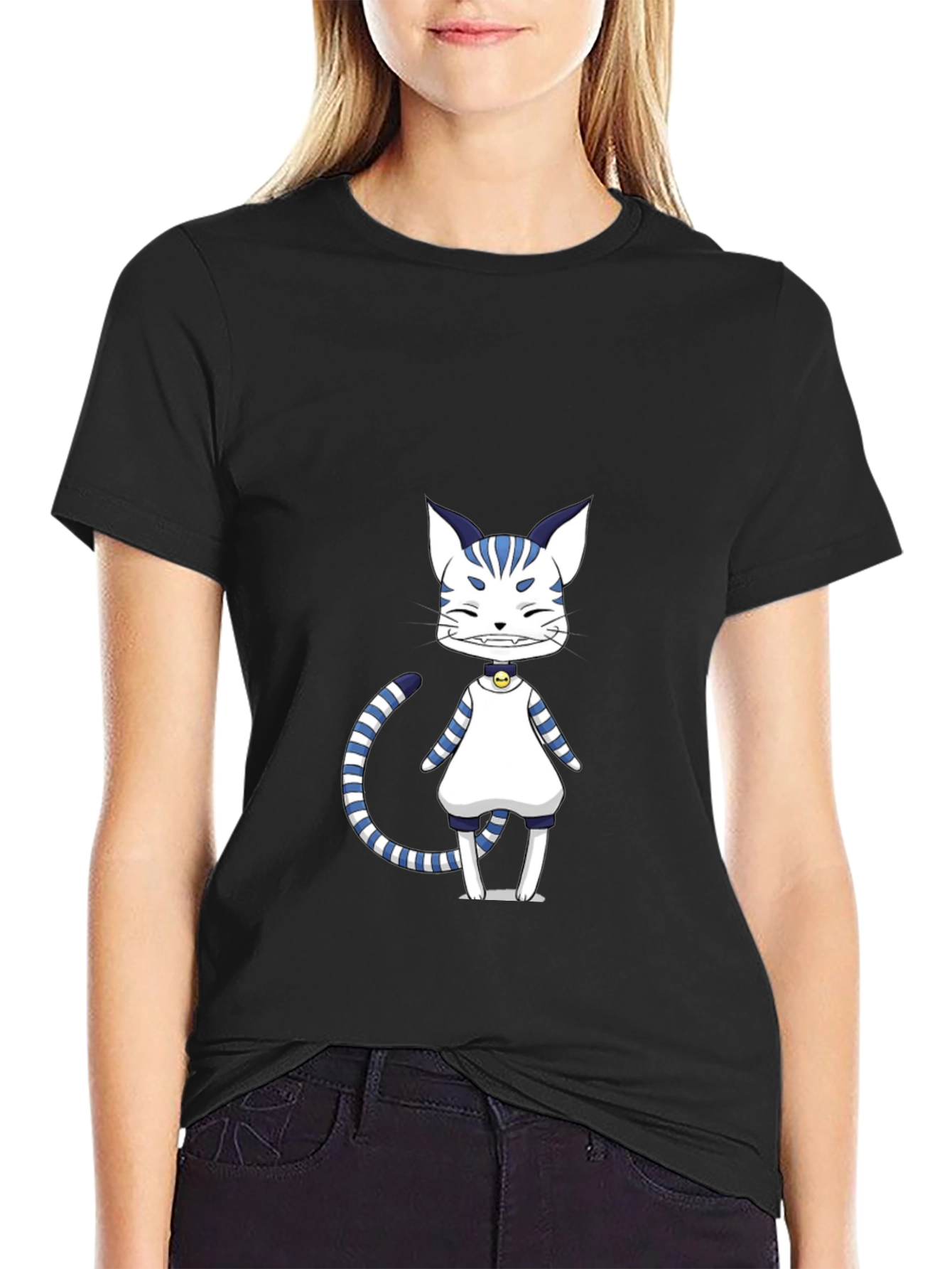 Anime Cat Graphic Black T-Shirt