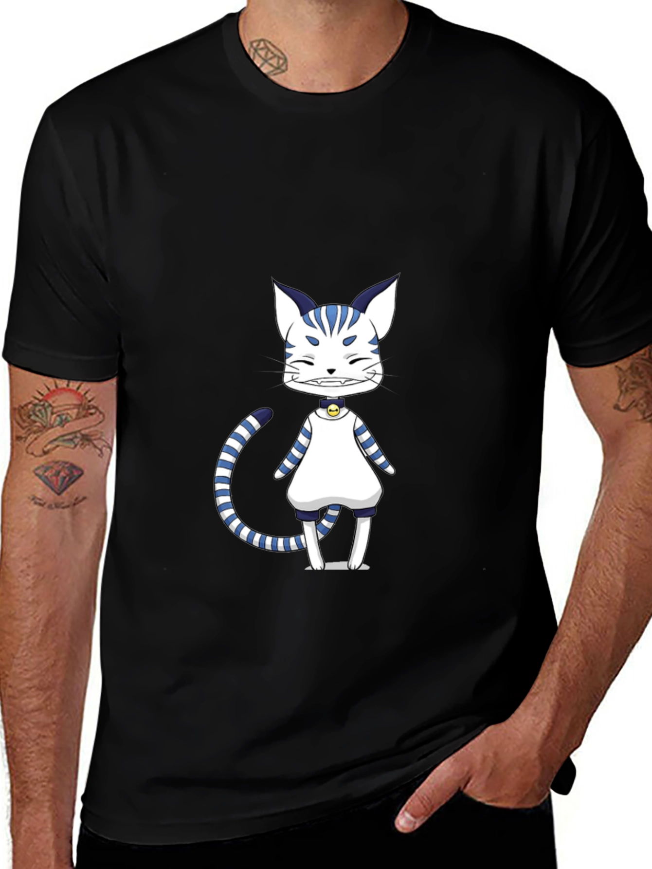 Anime Cat Graphic Black T-Shirt