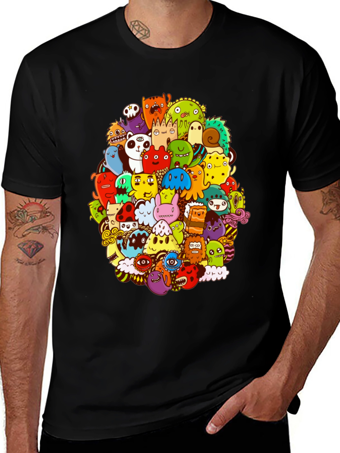 Monster Doodle Graphic Print Black T-Shirt