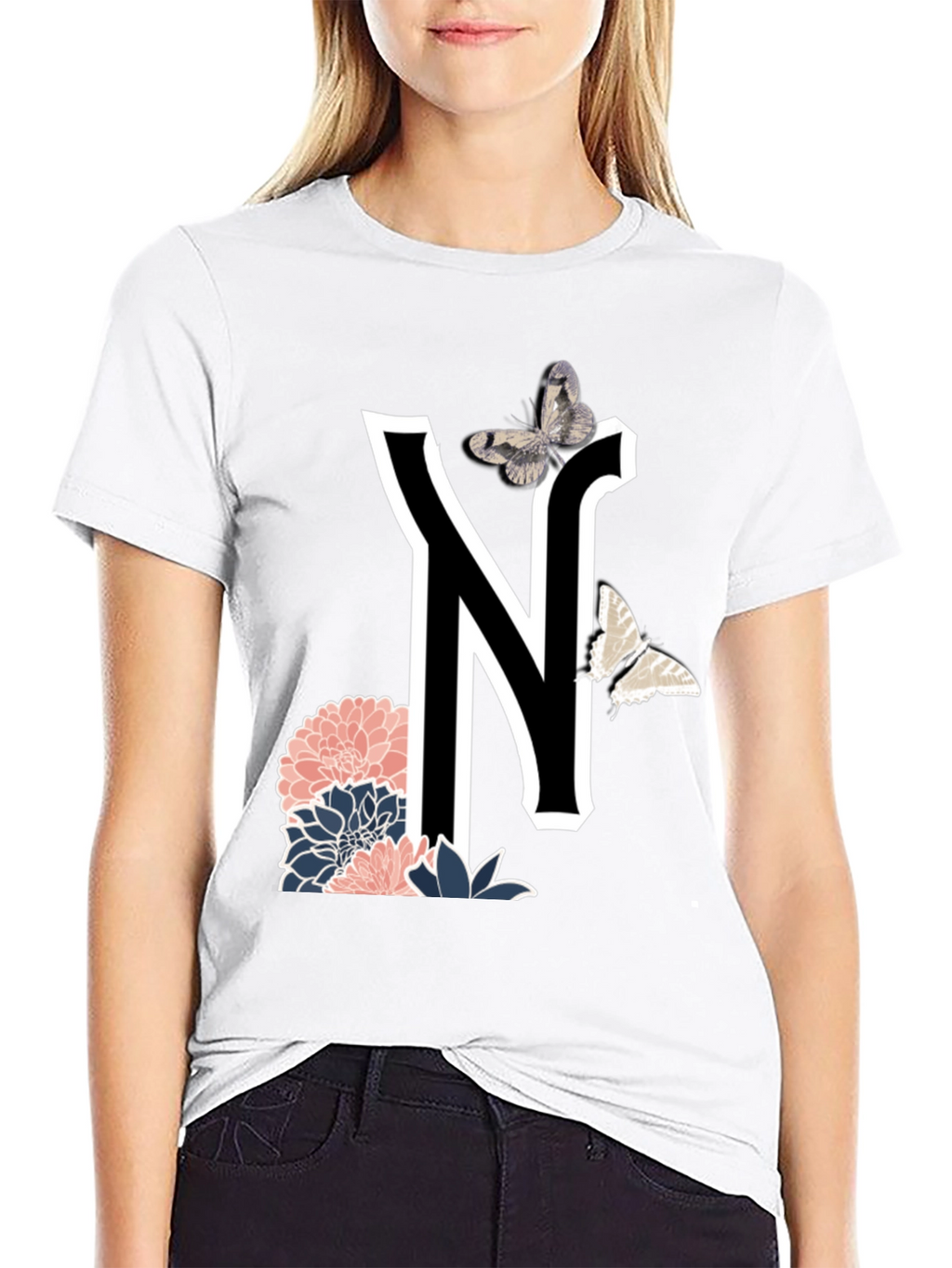 Letter N Floral Butterfly T-Shirt