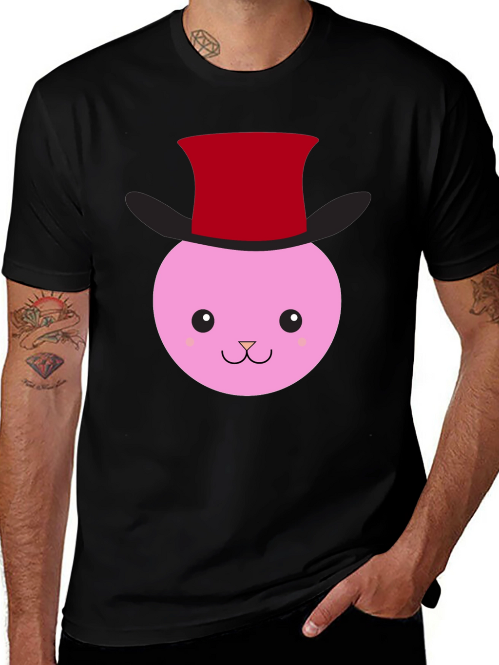 Cute Bunny Top Hat Graphic Tee - Black