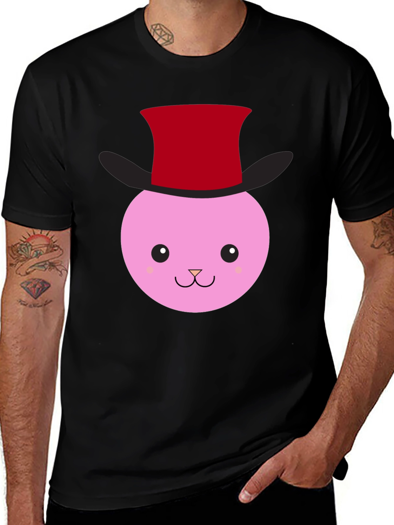 Cute Bunny Top Hat Graphic Tee - Black