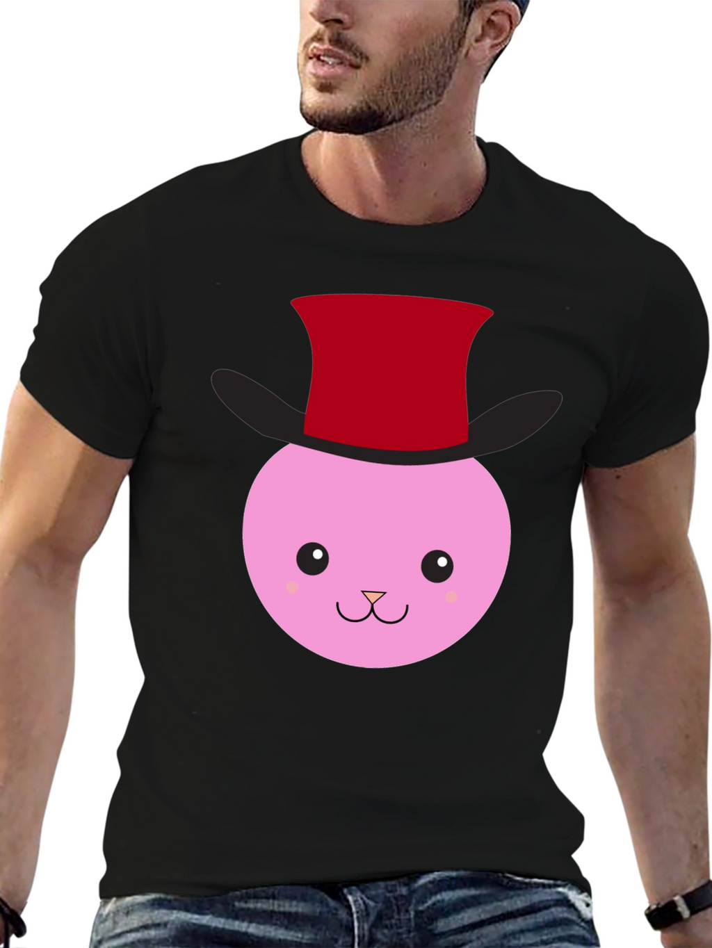 Cute Bunny Top Hat Graphic Tee - Black