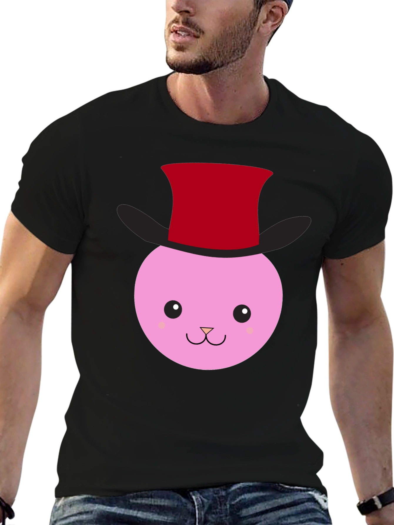 Cute Bunny Top Hat Graphic Tee - Black