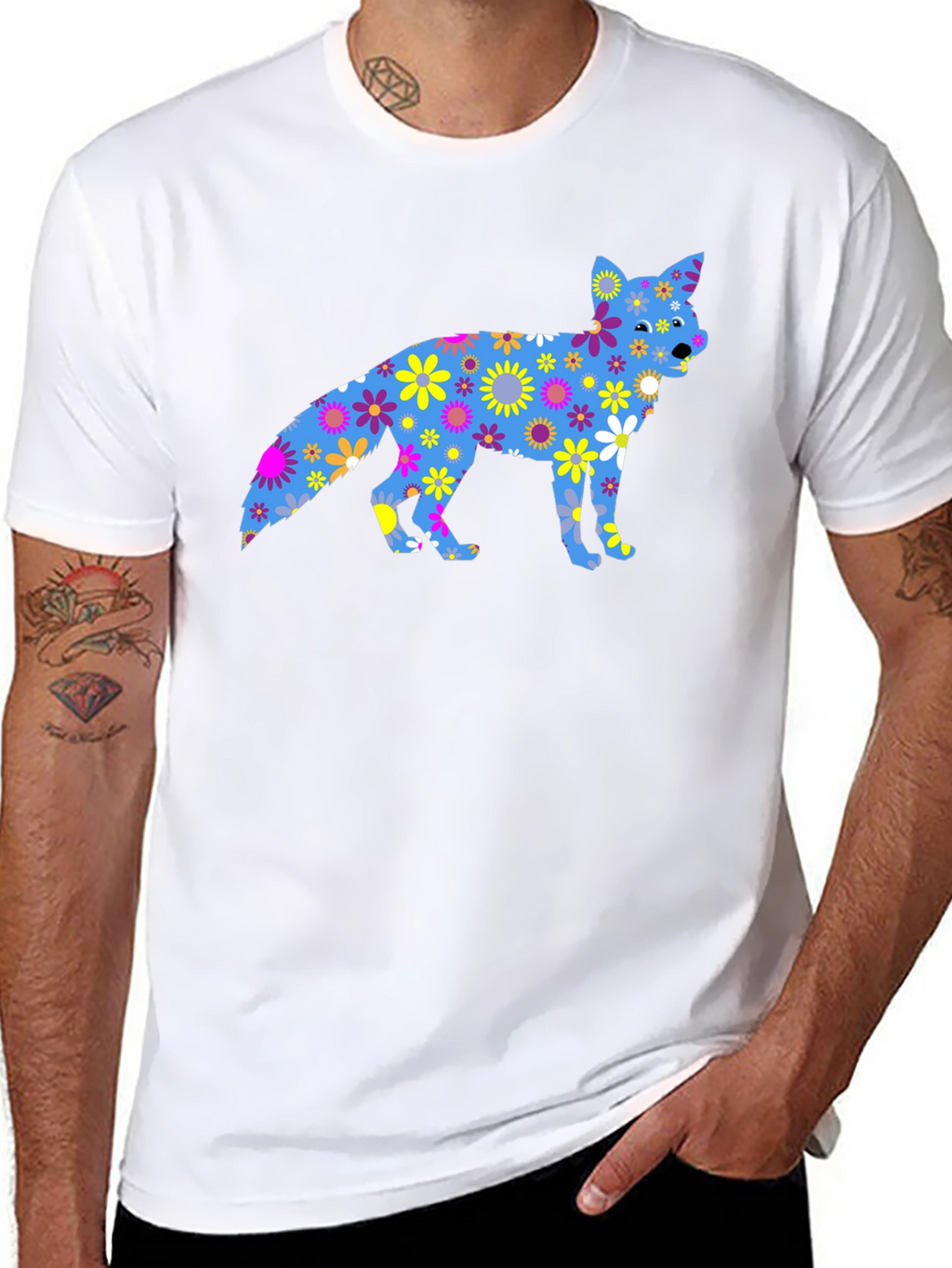 Floral Fox Graphic Tee - Black Cotton T-Shirt