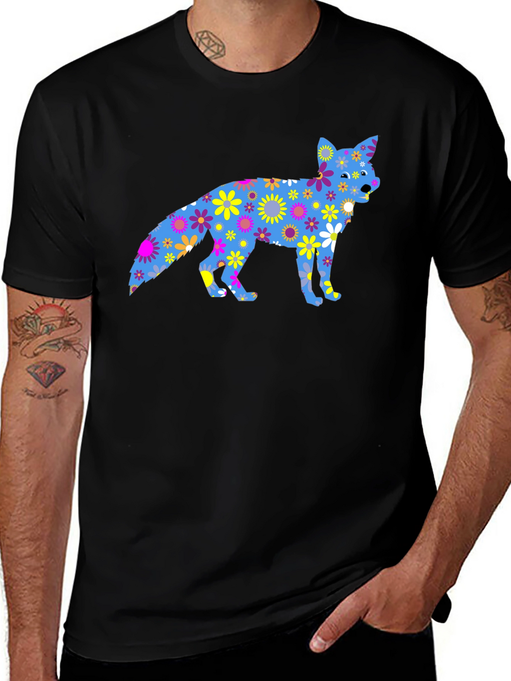 Floral Fox Graphic Tee - Black Cotton T-Shirt
