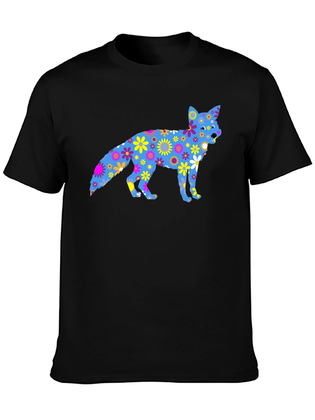 Floral Fox Graphic Tee - Black Cotton T-Shirt