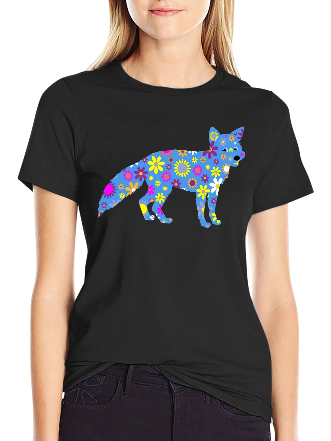 Floral Fox Graphic Tee - Black Cotton T-Shirt