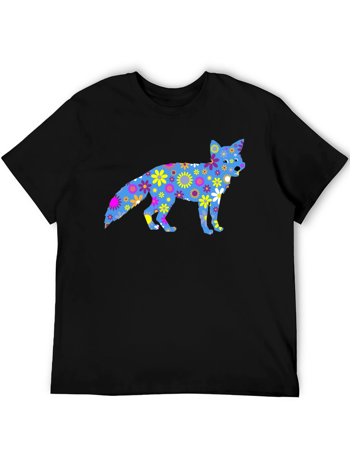 Floral Fox Graphic Tee - Black Cotton T-Shirt