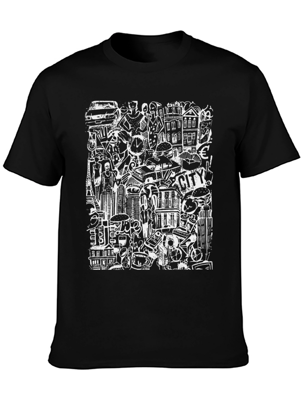 Cityscape Doodle Graphic Tee - Black Urban Style
