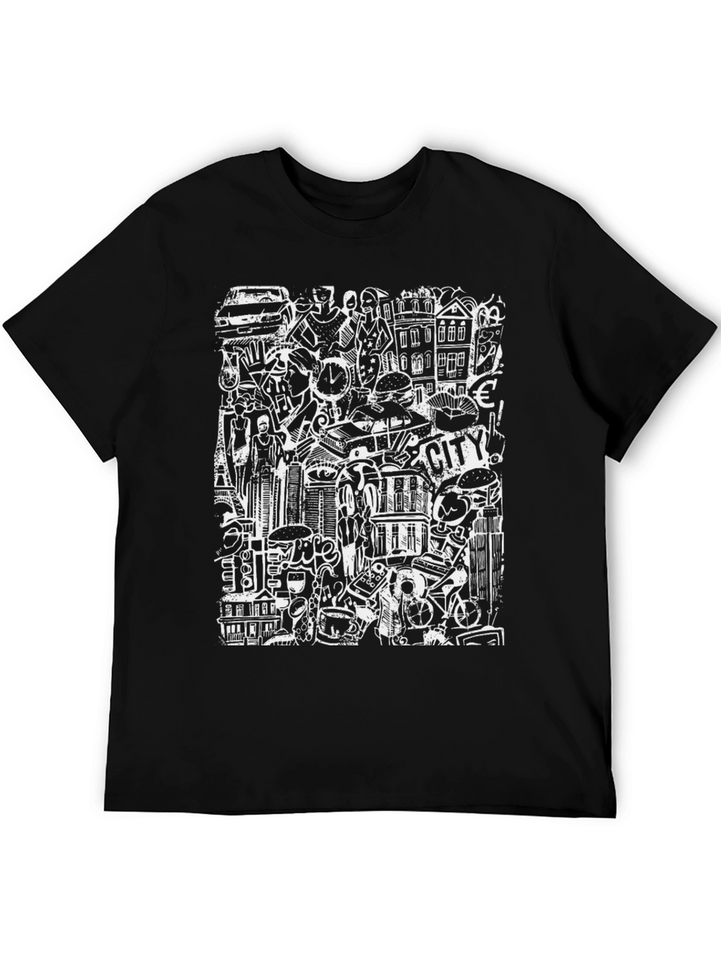 Cityscape Doodle Graphic Tee - Black Urban Style