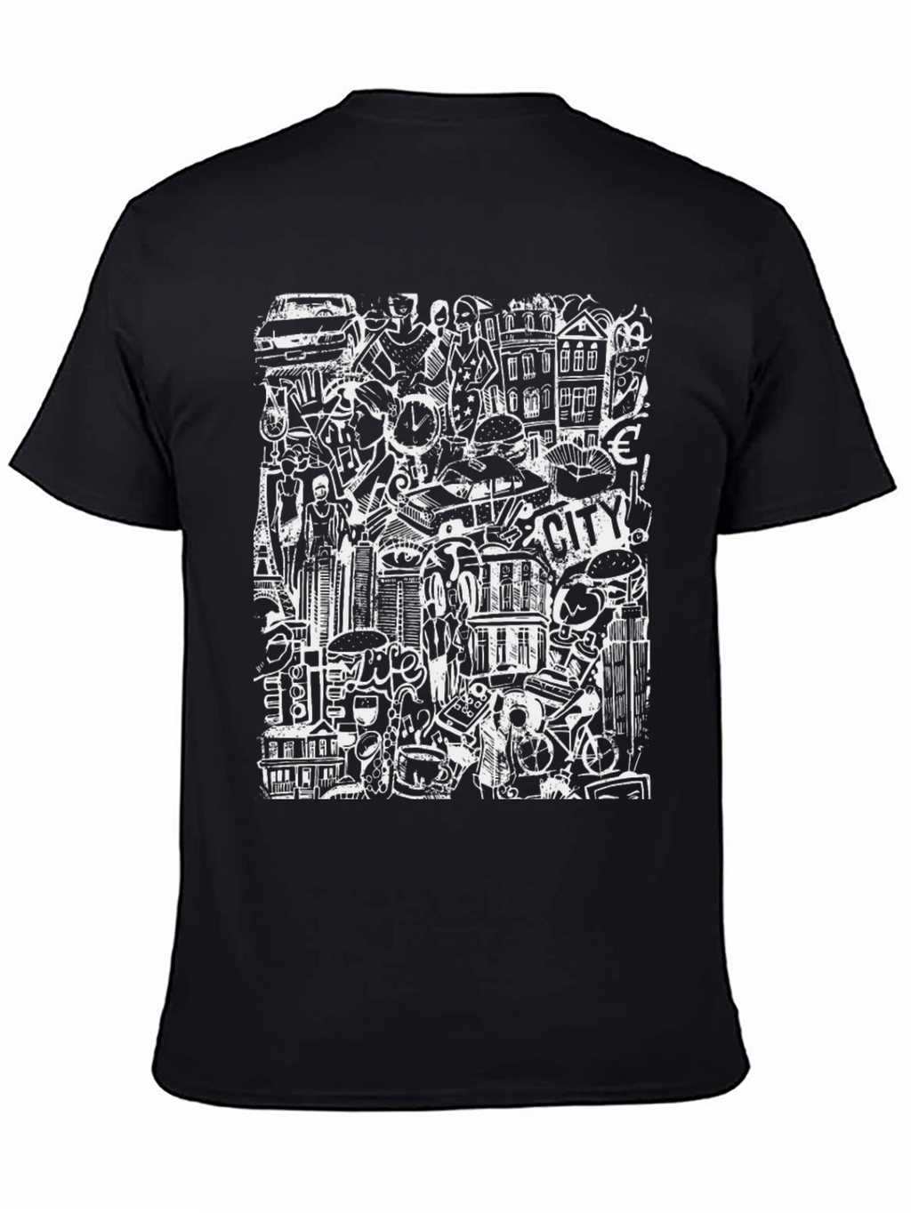 Cityscape Doodle Graphic Tee - Black Urban Style