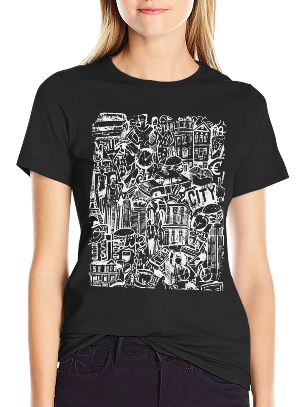 Cityscape Doodle Graphic Tee - Black Urban Style