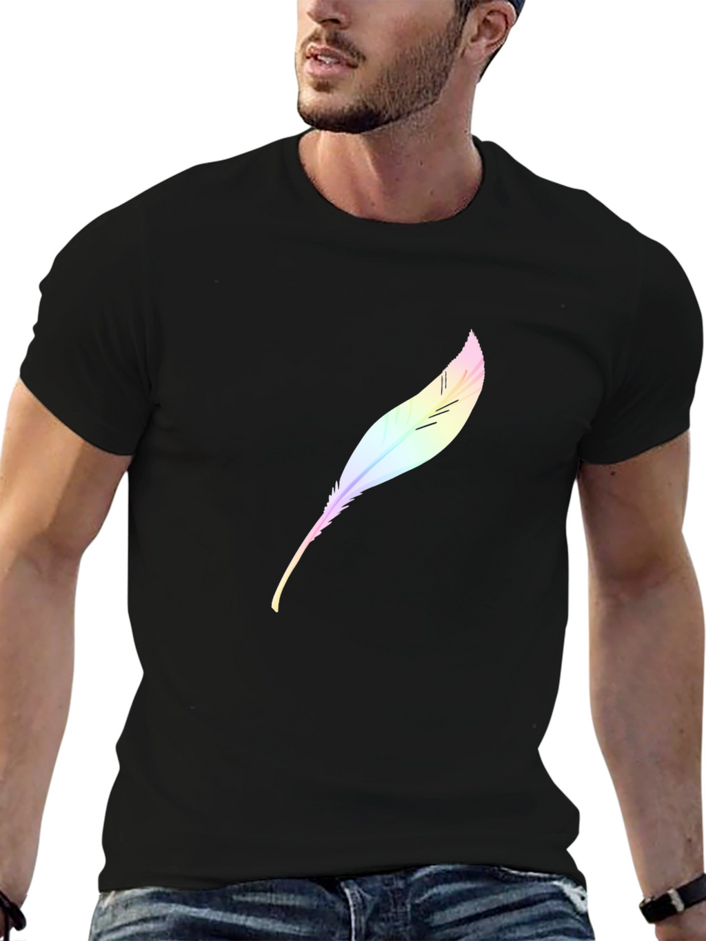 Mens Black T-Shirt with Feather Design