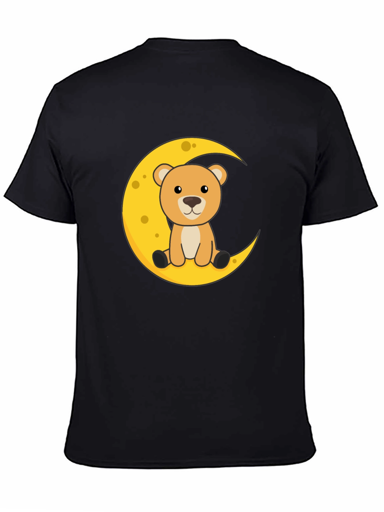 Cute Bear on Moon Graphic Black T-Shirt