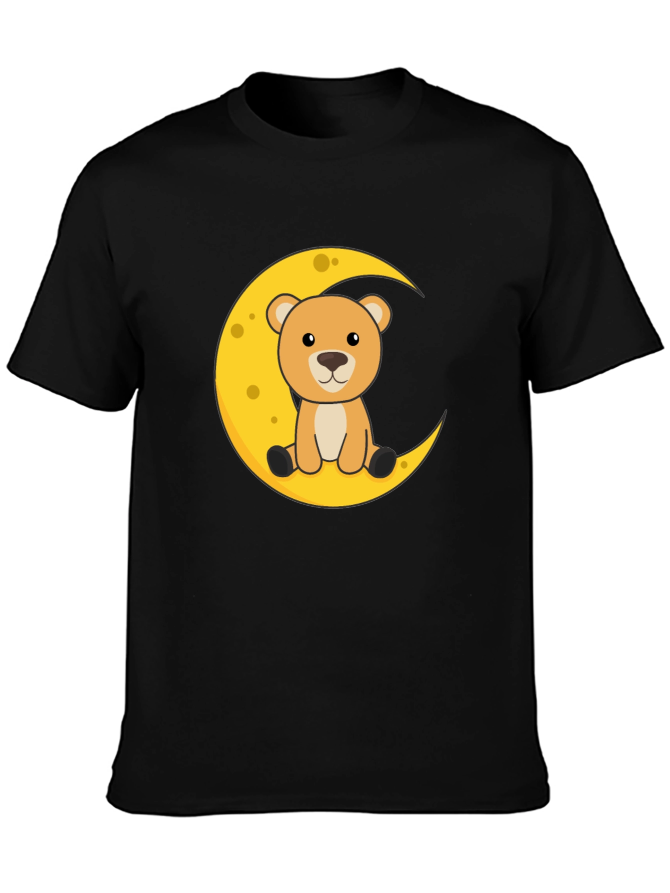 Cute Bear on Moon Graphic Black T-Shirt