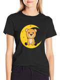 Cute Bear on Moon Graphic Black T-Shirt