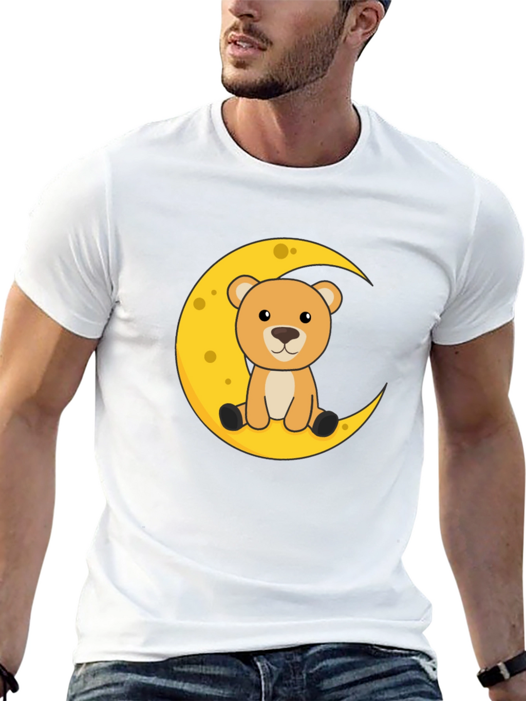 Cute Bear on Moon Graphic Black T-Shirt