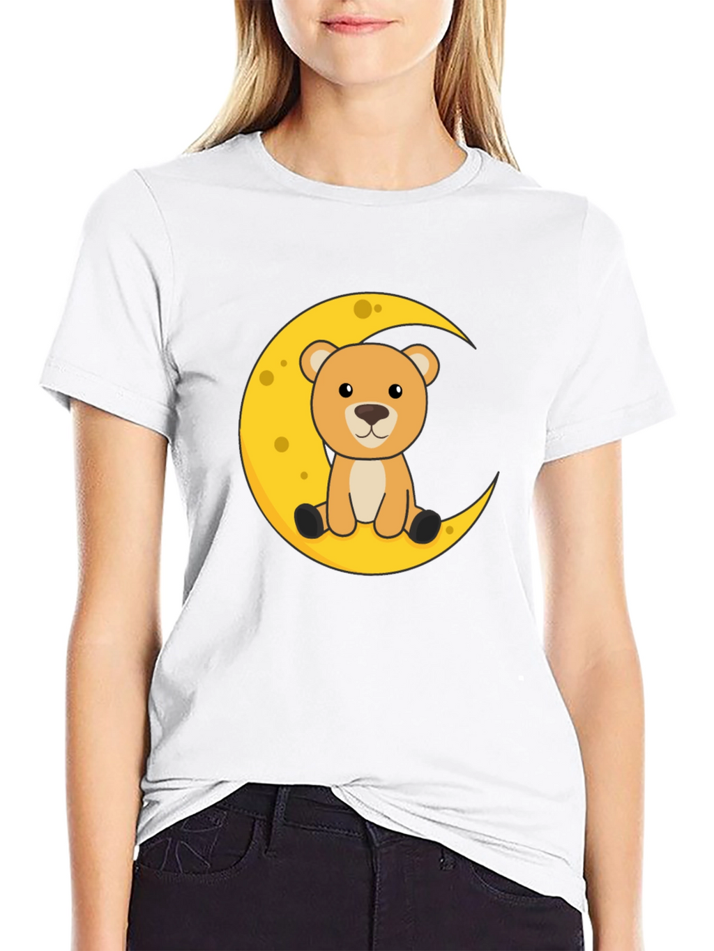 Cute Bear on Moon Graphic Black T-Shirt