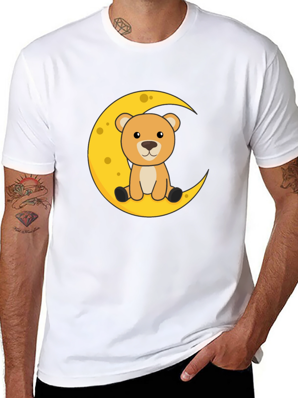 Cute Bear on Moon Graphic Black T-Shirt