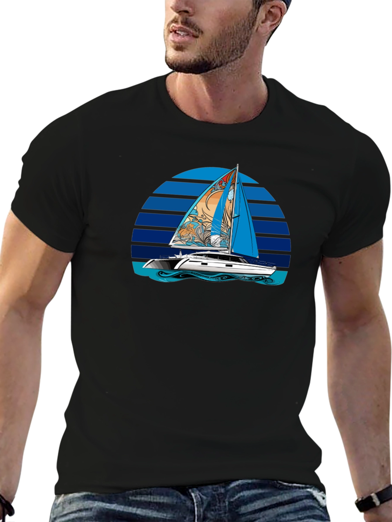 Sailboat Graphic T-Shirt - Black Cotton Tee