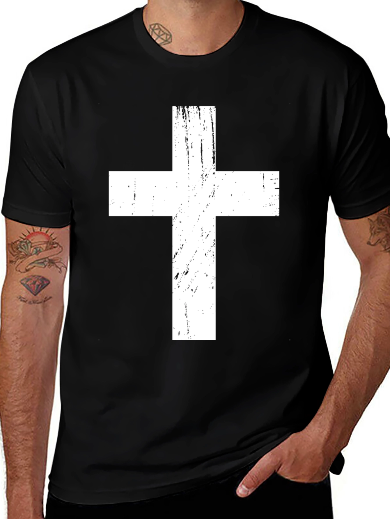 Distressed Cross Graphic Tee - Black Christian T-Shirt