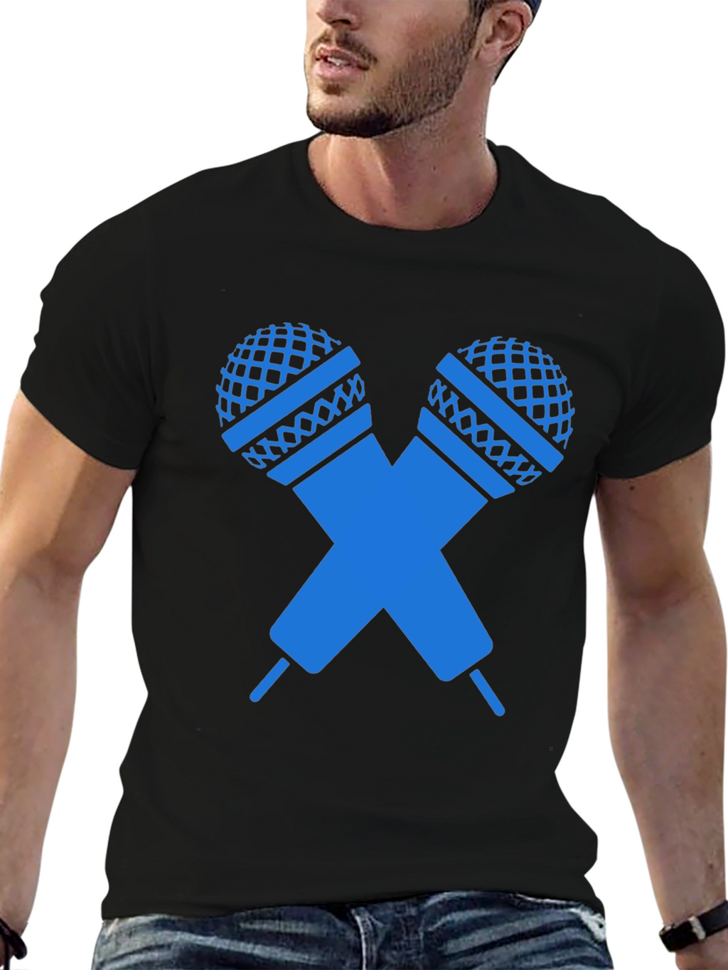 Black T-Shirt with Crossed Microphones Graphic