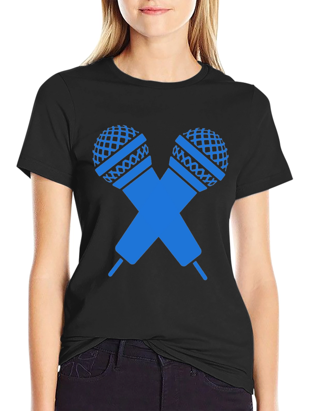 Black T-Shirt with Crossed Microphones Graphic