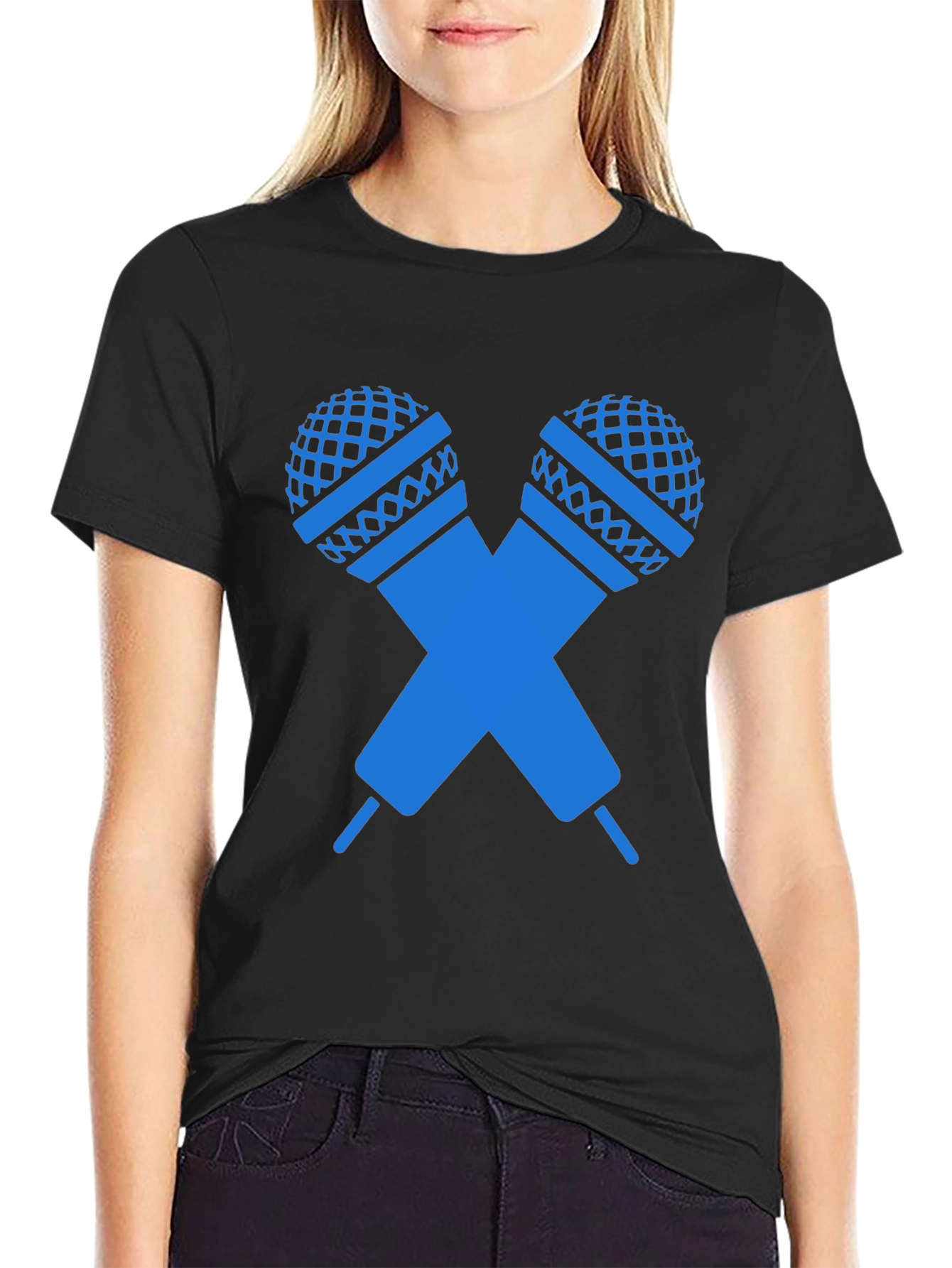 Black T-Shirt with Crossed Microphones Graphic