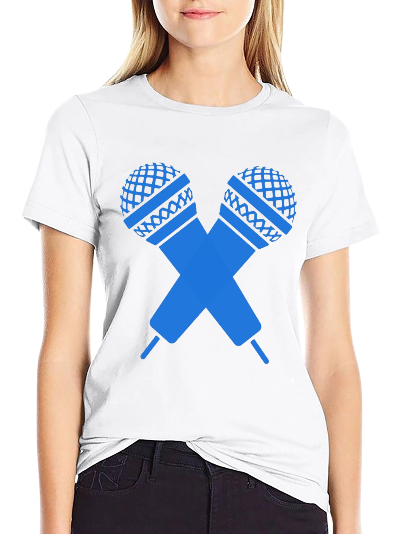 Black T-Shirt with Crossed Microphones Graphic