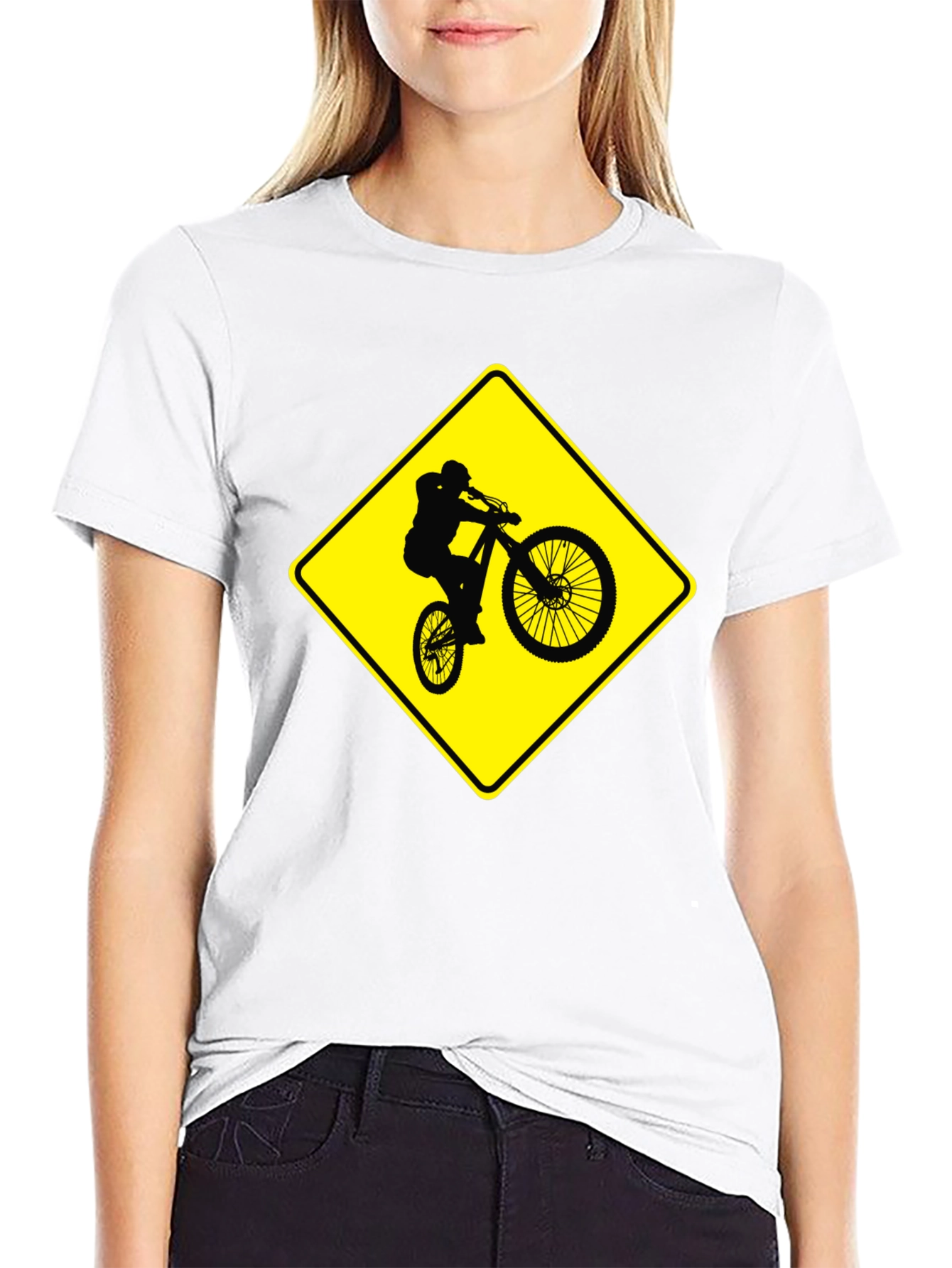 Mountain Biker Crossing Sign Black T-Shirt