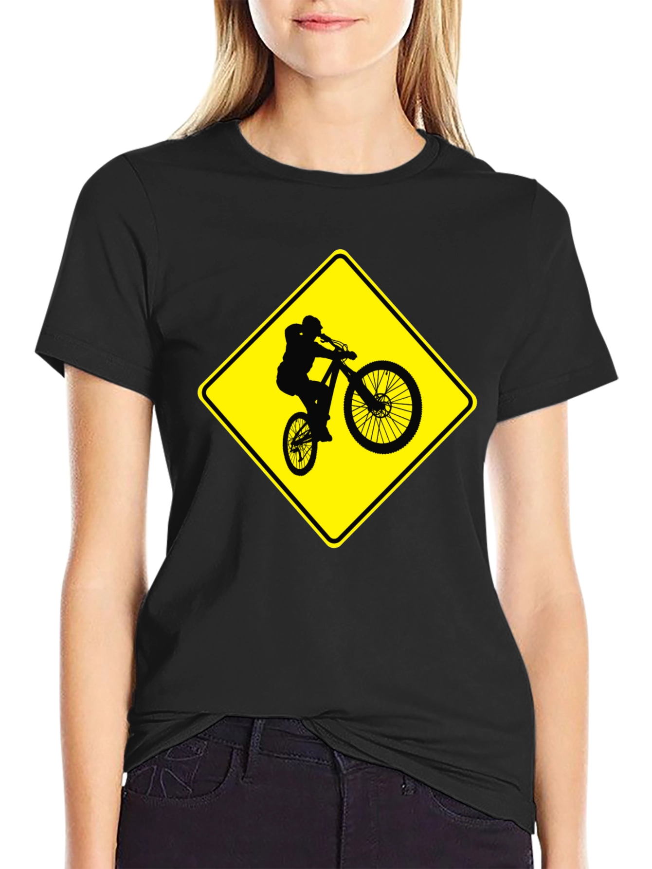 Mountain Biker Crossing Sign Black T-Shirt