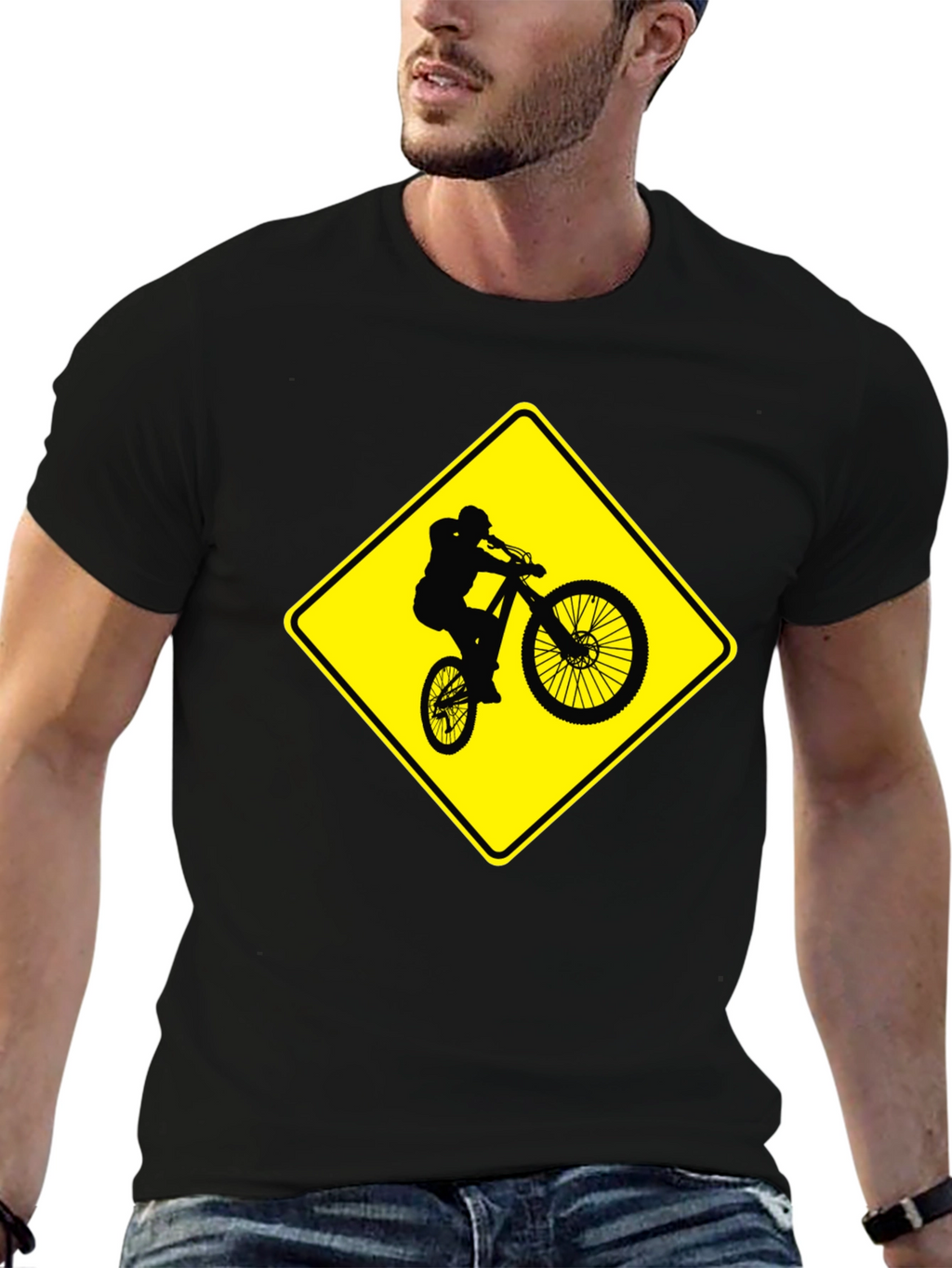 Mountain Biker Crossing Sign Black T-Shirt