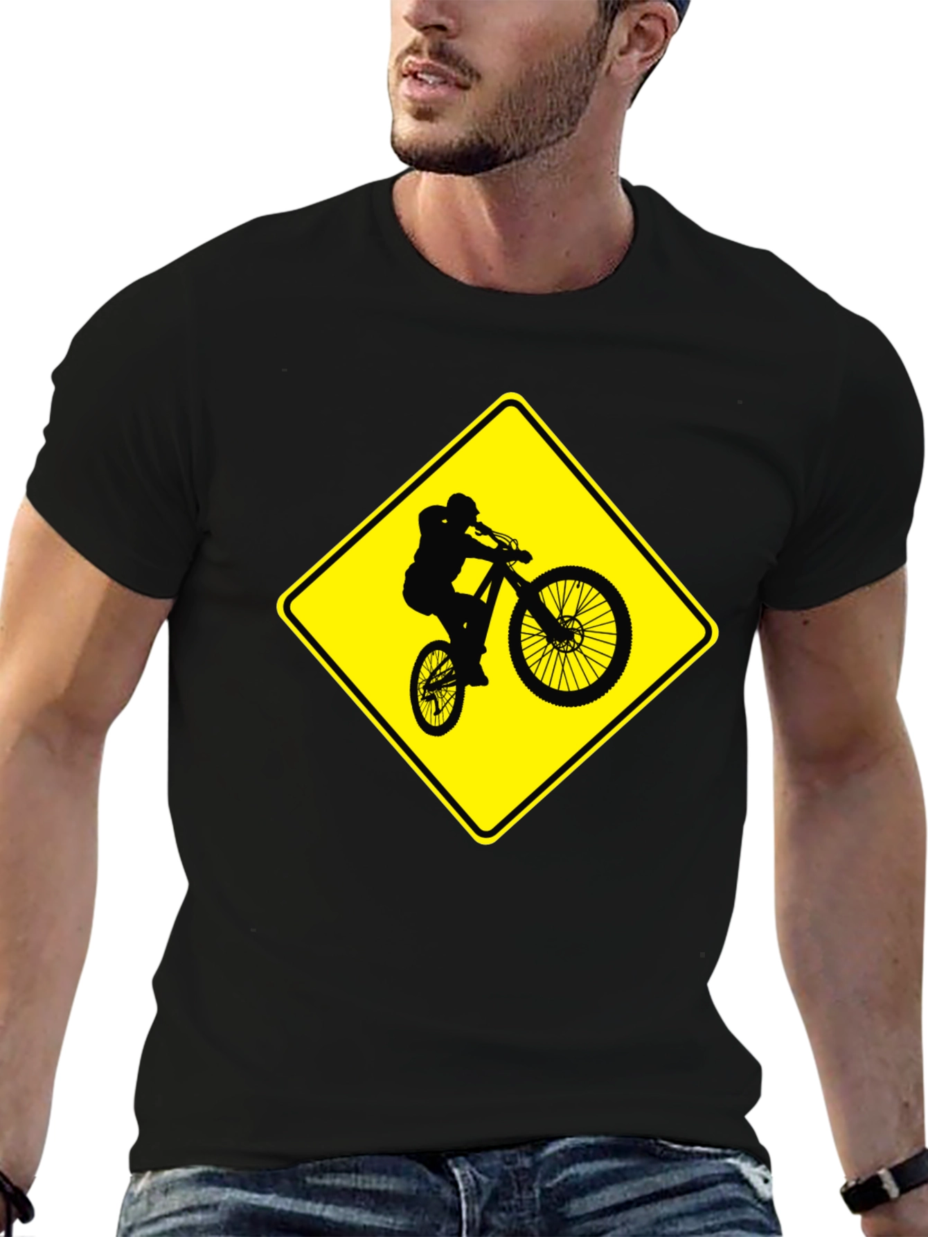 Mountain Biker Crossing Sign Black T-Shirt