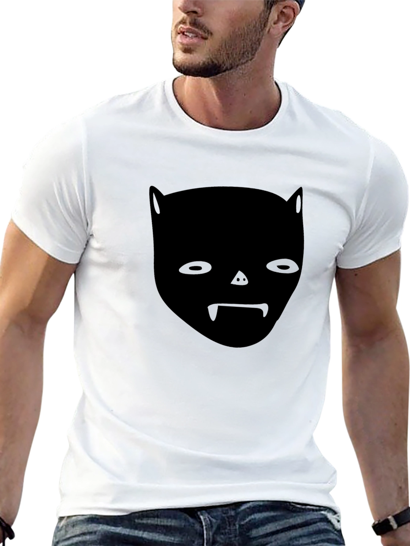 Unique Black Graphic Tee - Bat Face Design