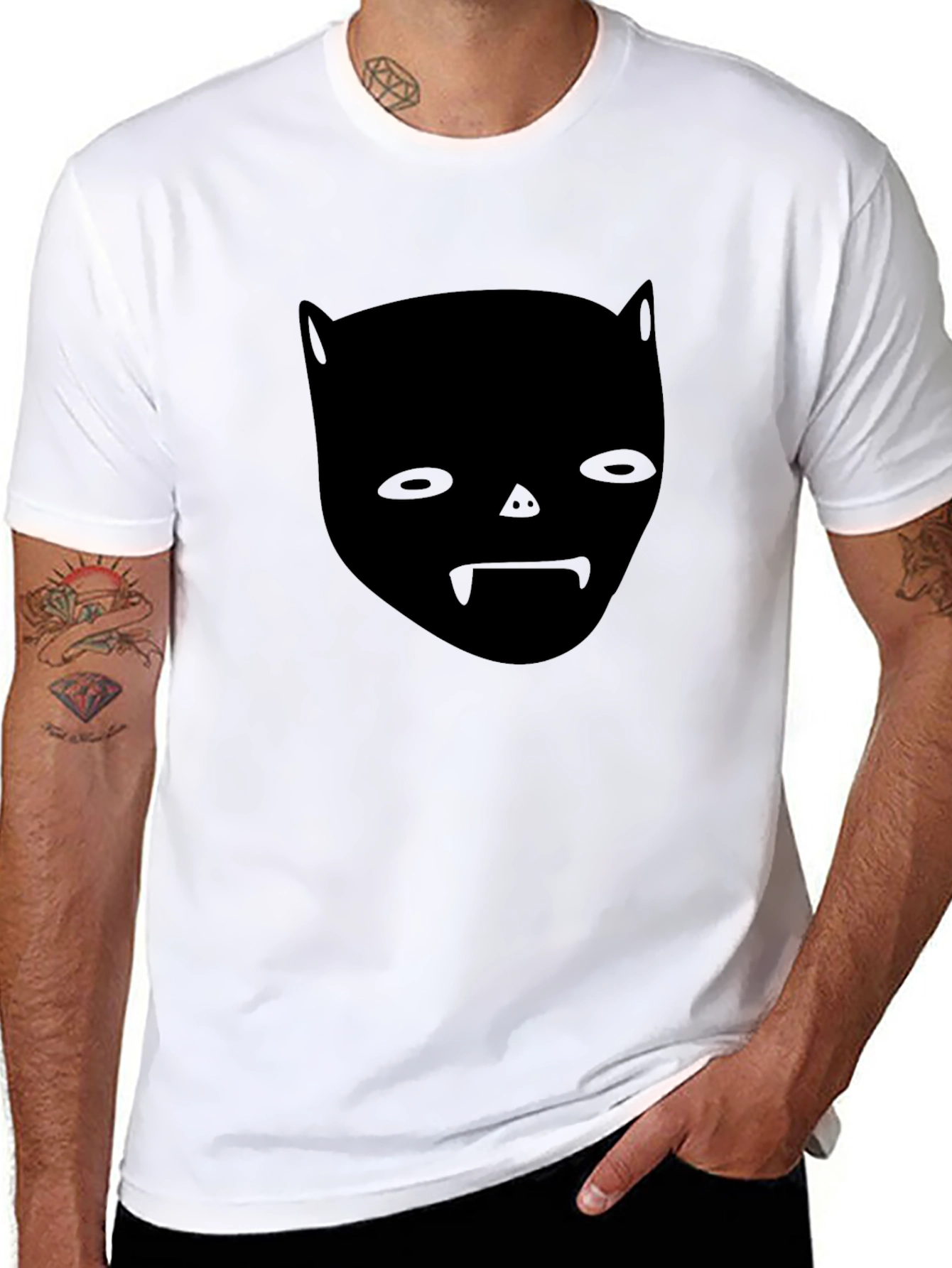 Unique Black Graphic Tee - Bat Face Design