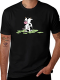 Cow Cartoon Graphic Tee - Black Cotton T-Shirt