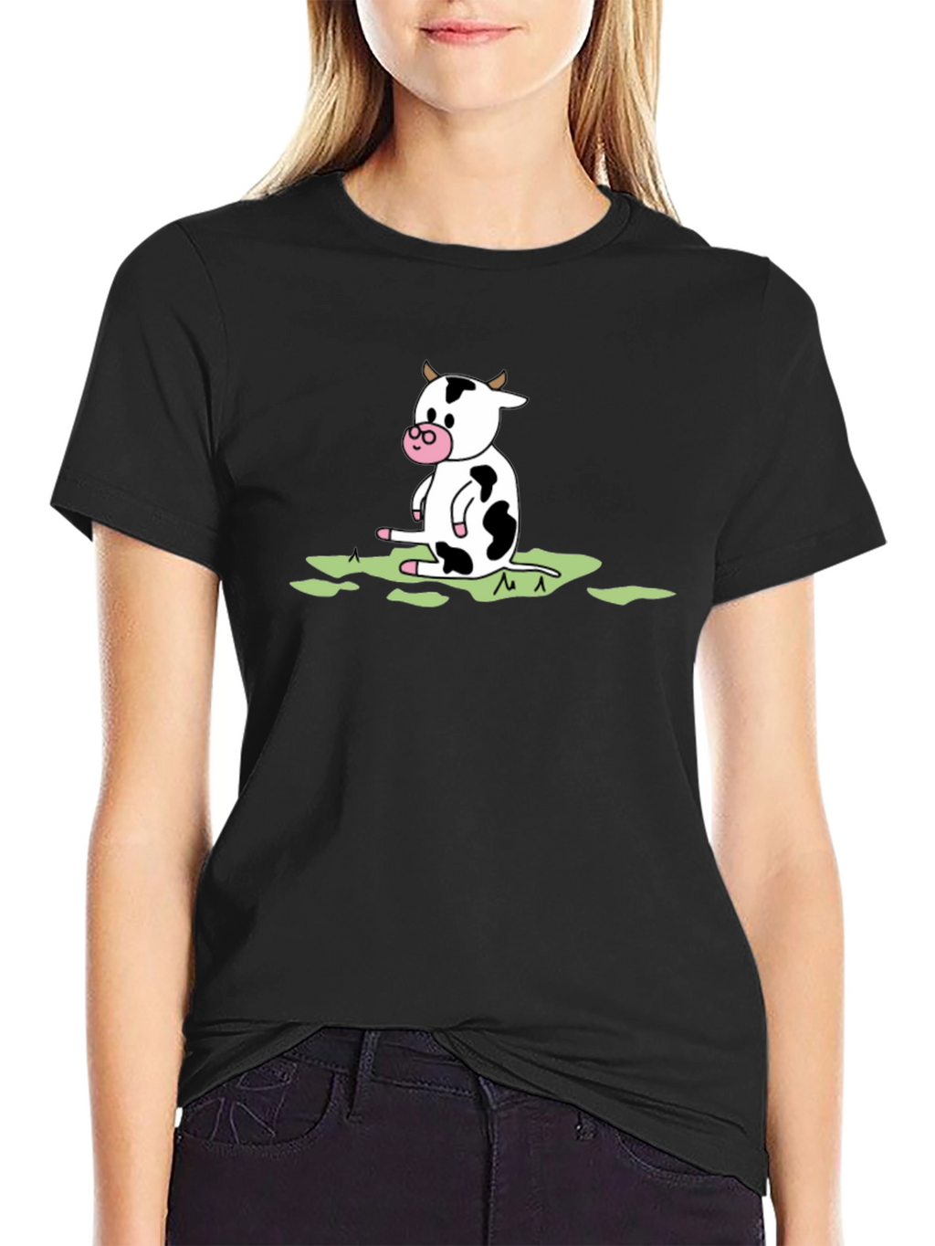 Cow Cartoon Graphic Tee - Black Cotton T-Shirt